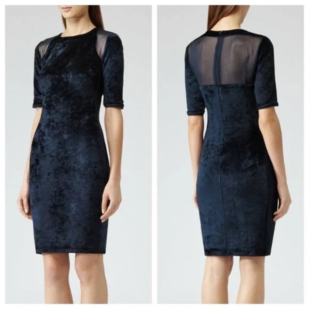 Reiss Blue‎ Nessie Velvet Mesh Cutout Sheath Dress Cocktail Bodycon Size 4